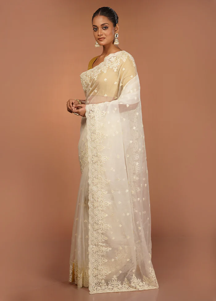 White Handloom Pure Organza Saree With Blouse Piece - Image 4