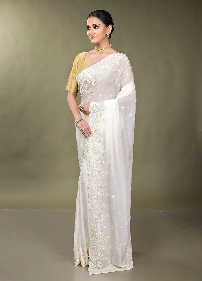 White Handloom Pure Organza Saree With Blouse Piece - Image 4