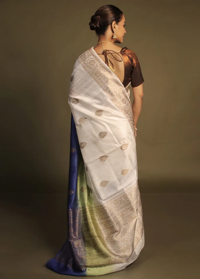 White Handloom Tussar Pure Silk Saree With Blouse Piece - Image 3