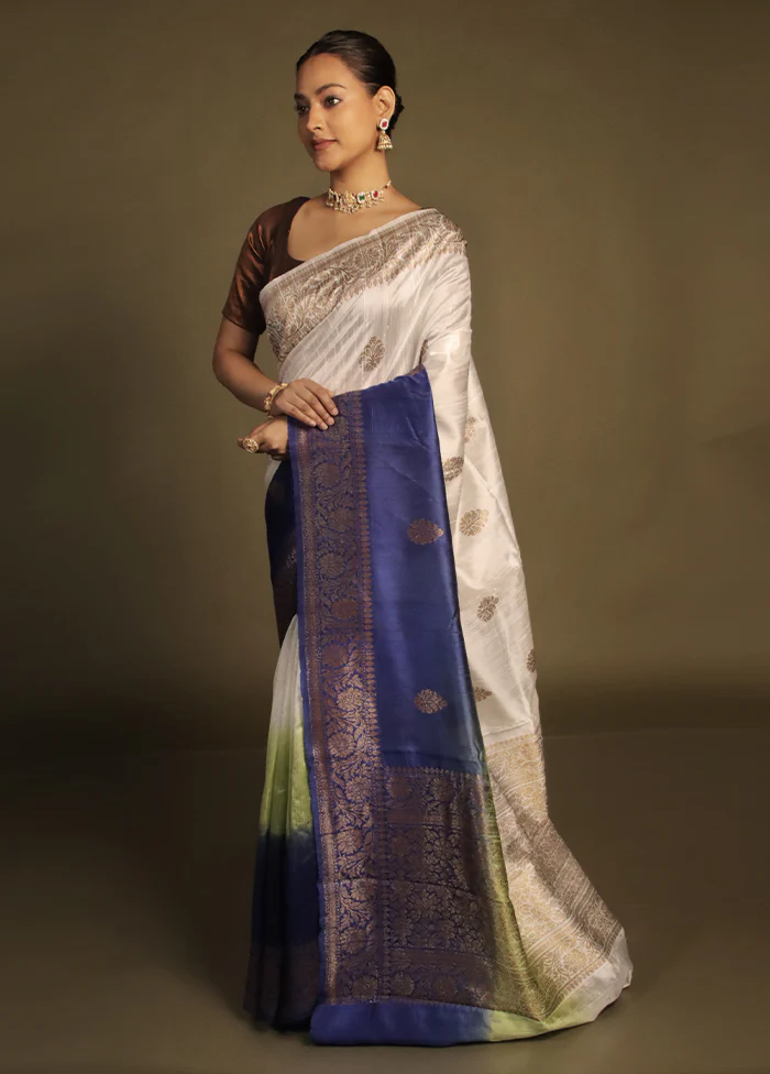 White Handloom Tussar Pure Silk Saree With Blouse Piece - Image 4