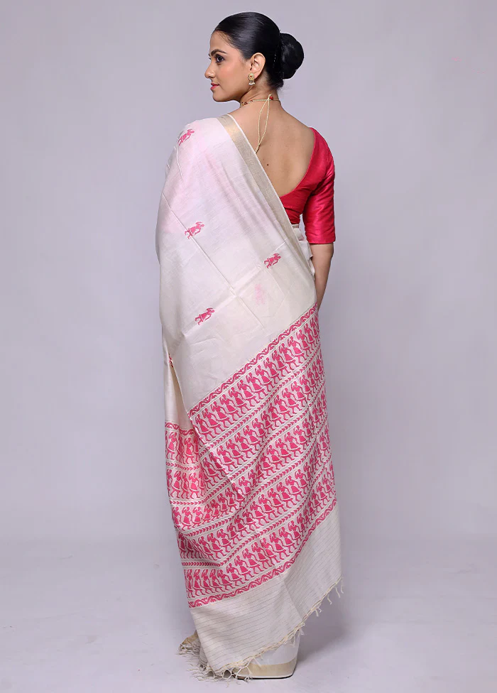 White Handloom Tussar Pure Silk Saree With Blouse Piece - Image 3
