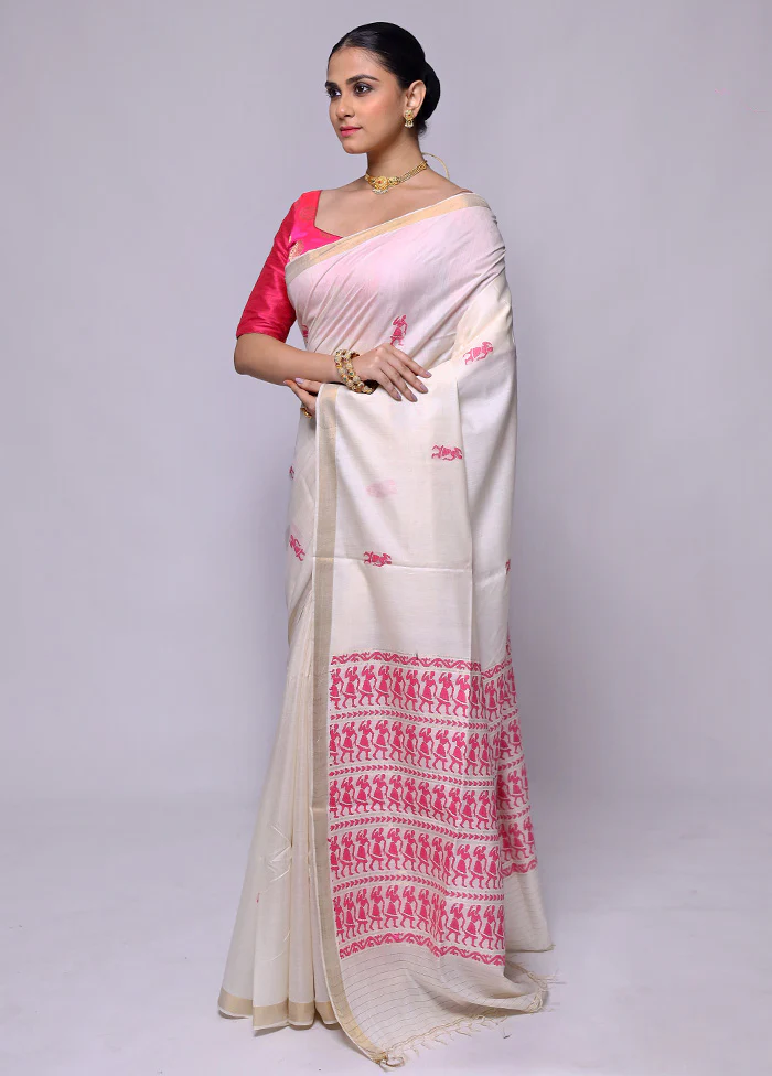 White Handloom Tussar Pure Silk Saree With Blouse Piece - Image 4