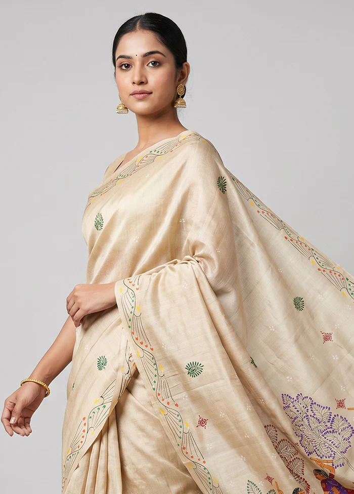 White Handloom Tussar Pure Silk Saree With Blouse Piece - Image 2