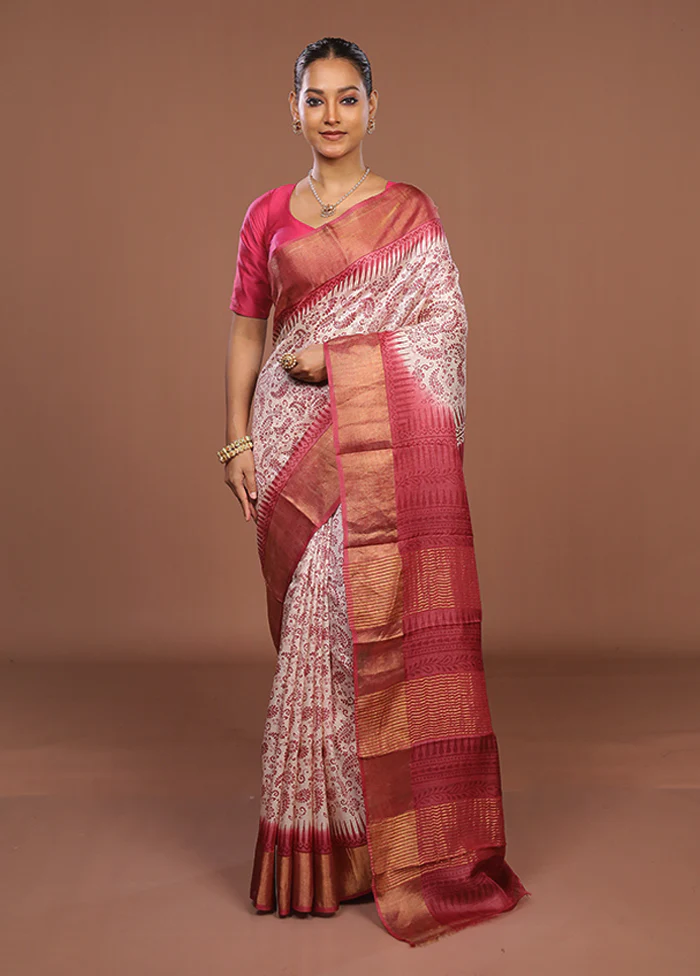 White Handloom Tussar Pure Silk Saree With Blouse Piece - Image 2
