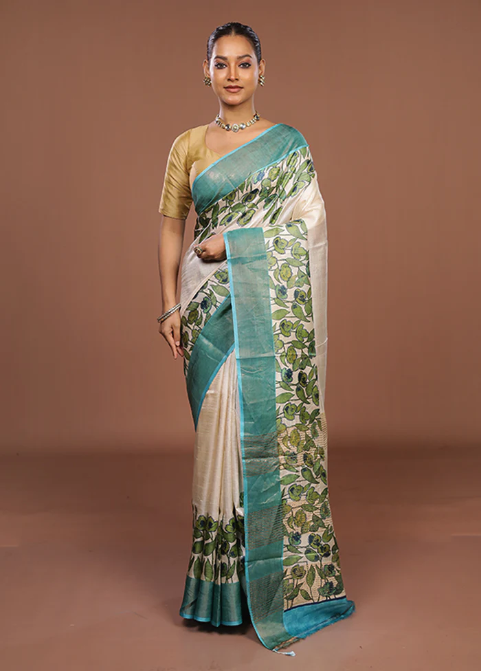 White Handloom Tussar Pure Silk Saree With Blouse Piece - Image 2