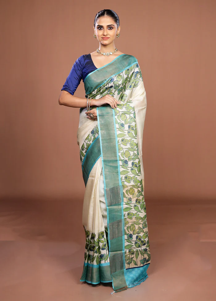 White Handloom Tussar Pure Silk Saree With Blouse Piece - Image 2