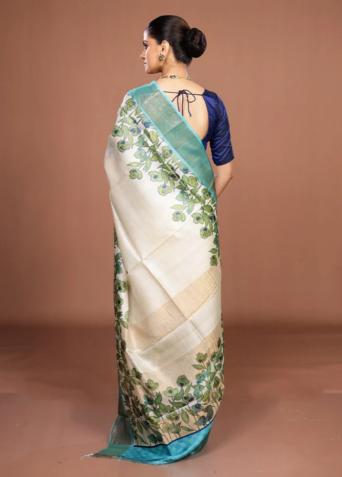 White Handloom Tussar Pure Silk Saree With Blouse Piece - Image 3