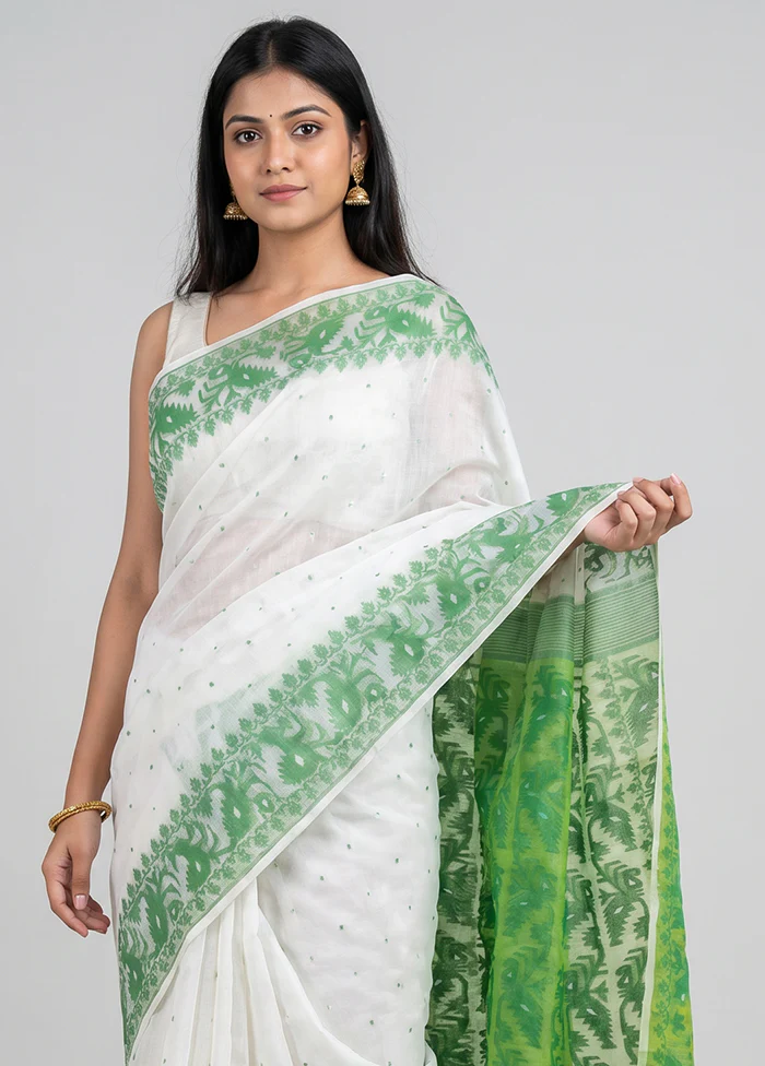 White Jamdani Cotton Saree Without Blouse Piece - Image 2