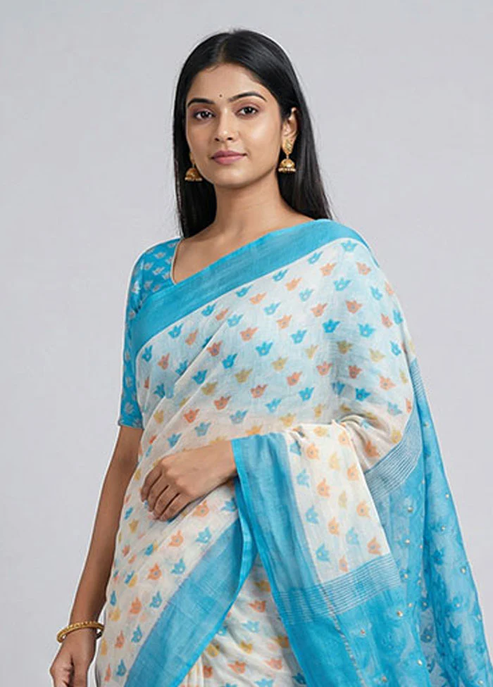 White Jamdani Cotton Saree Without Blouse Piece - Image 2