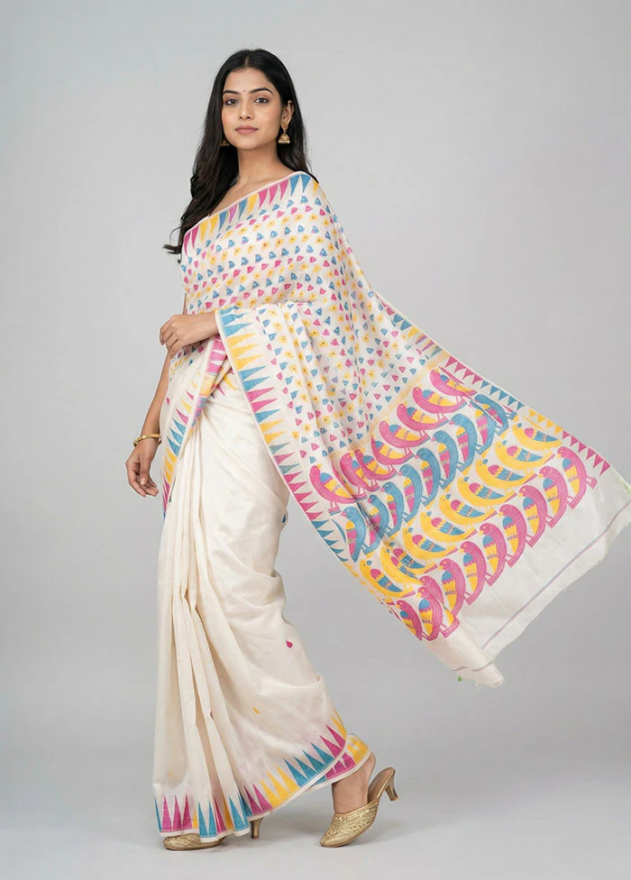 White Jamdani Cotton Saree Without Blouse Piece