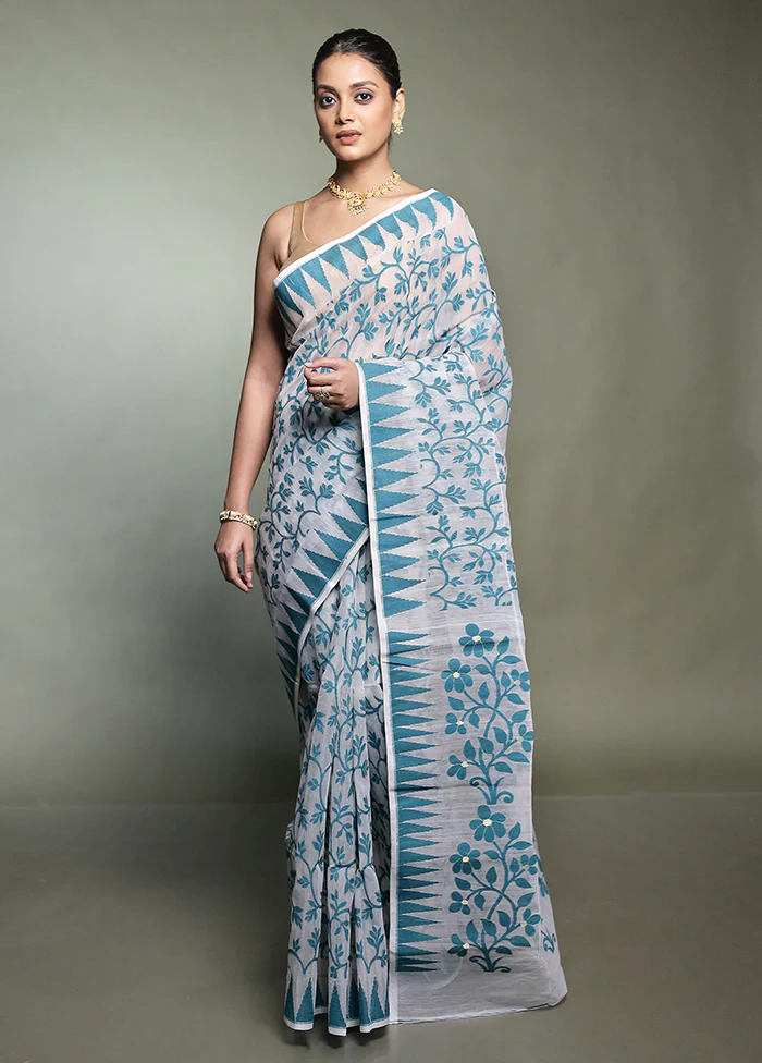 White Tant Jamdani Saree Without Blouse Piece - Image 2