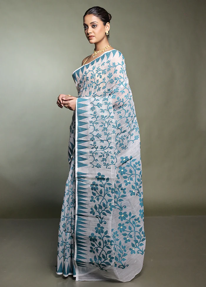 White Tant Jamdani Saree Without Blouse Piece - Image 4