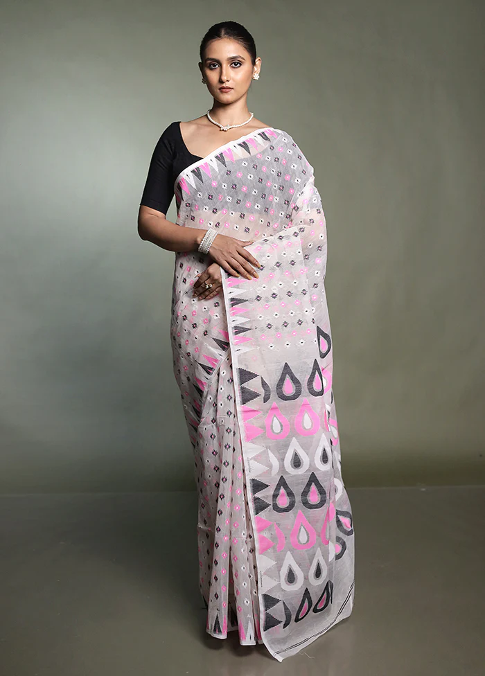 White Tant Jamdani Saree Without Blouse Piece - Image 2