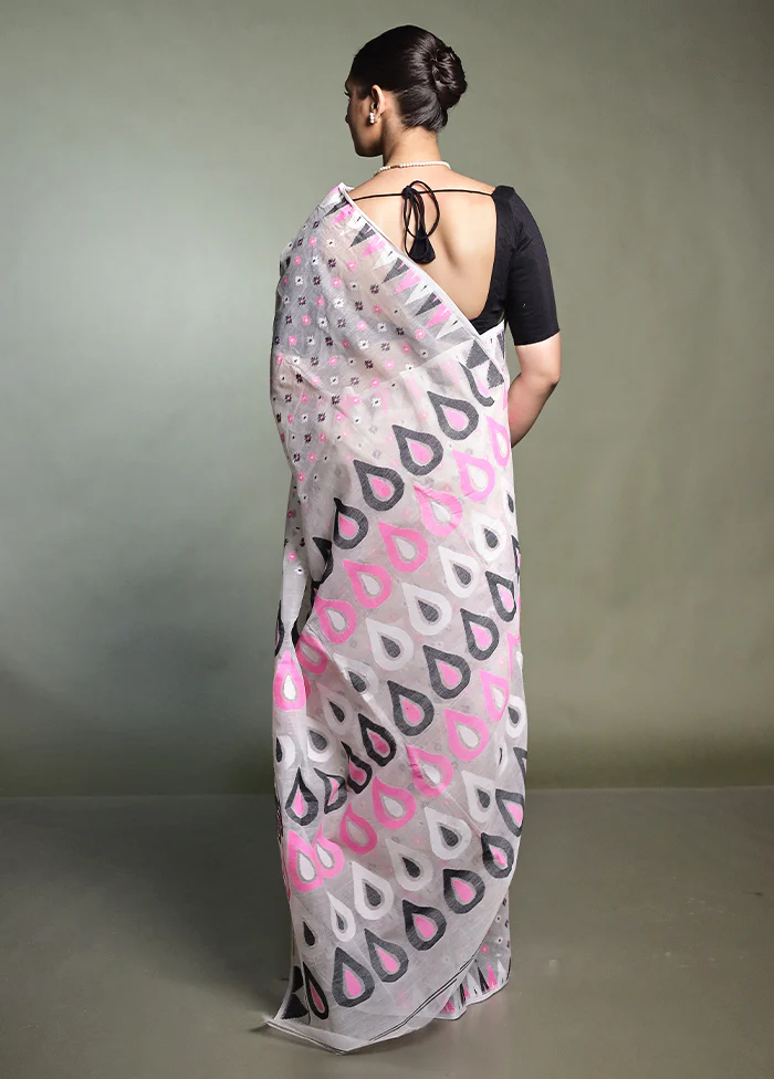 White Tant Jamdani Saree Without Blouse Piece - Image 3