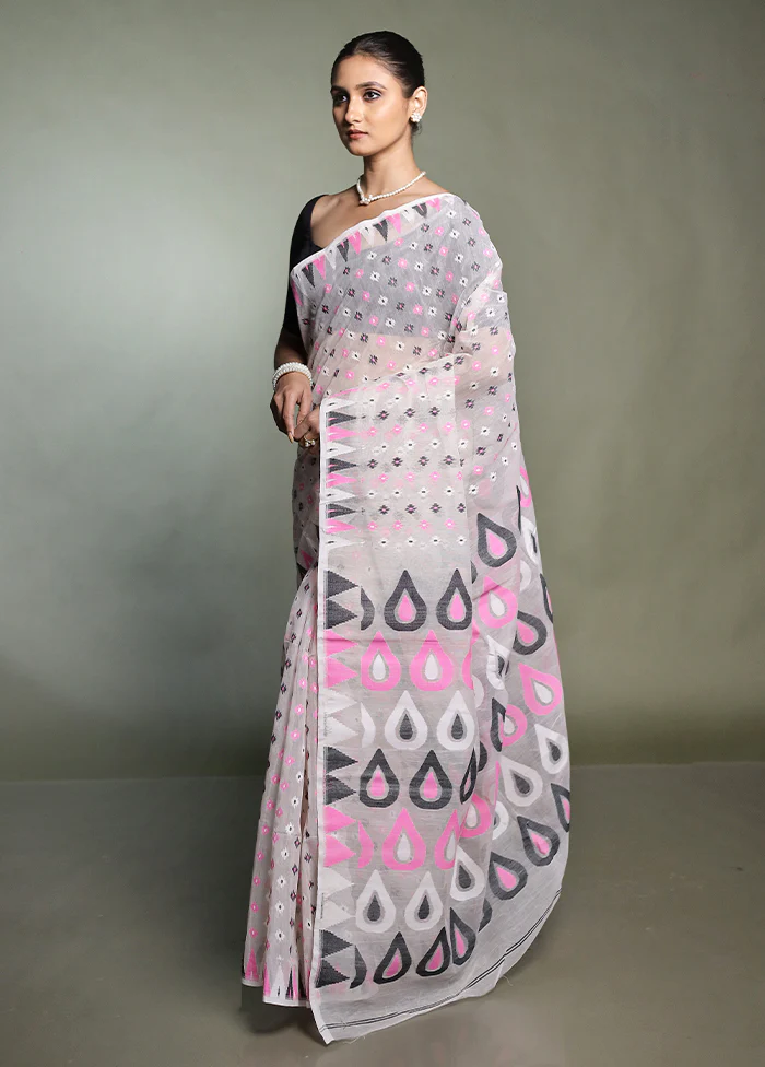 White Tant Jamdani Saree Without Blouse Piece - Image 4