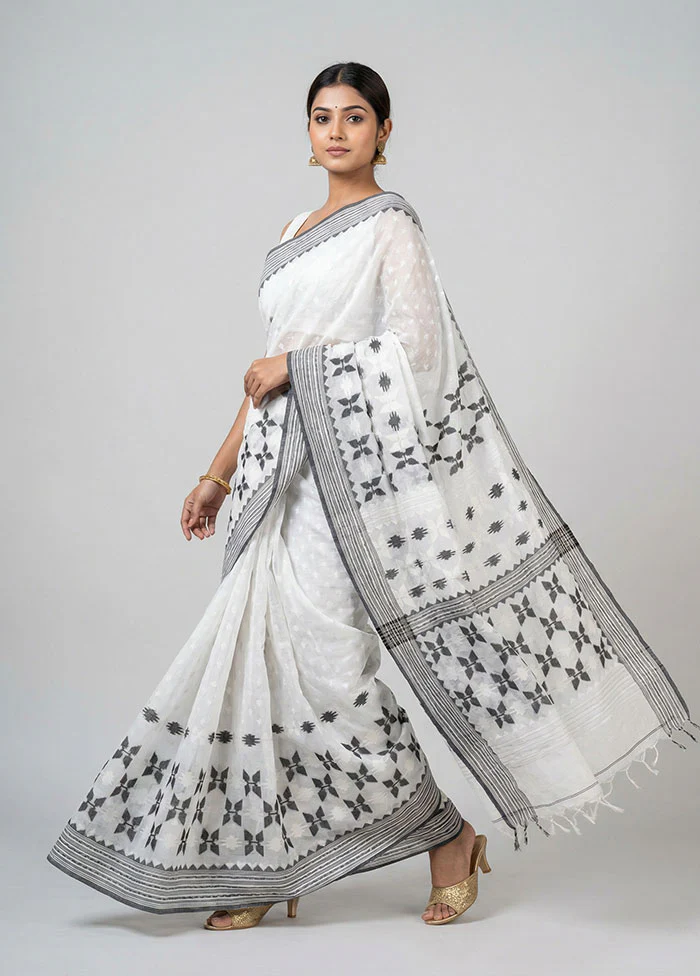 White Jamdani Cotton Saree Without Blouse Piece
