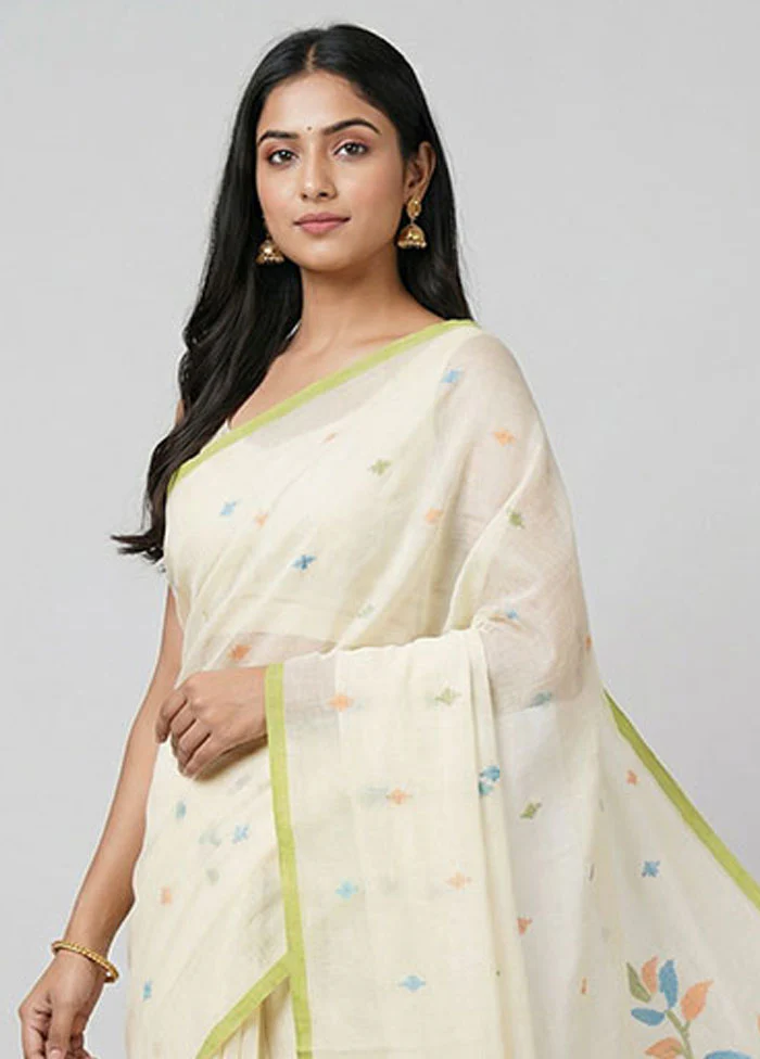 White Jamdani Cotton Saree Without Blouse Piece - Image 2