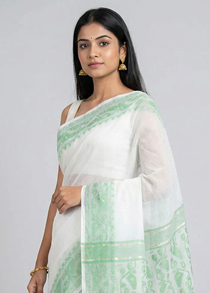 White Jamdani Cotton Saree Without Blouse Piece - Image 2