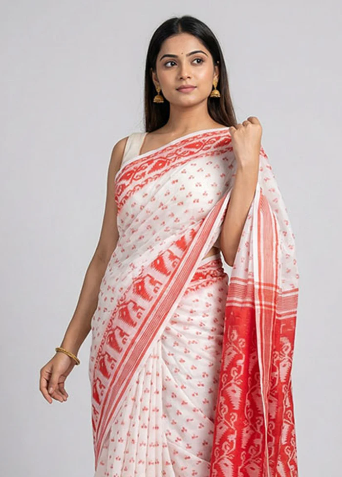 White Jamdani Cotton Saree Without Blouse Piece - Image 2
