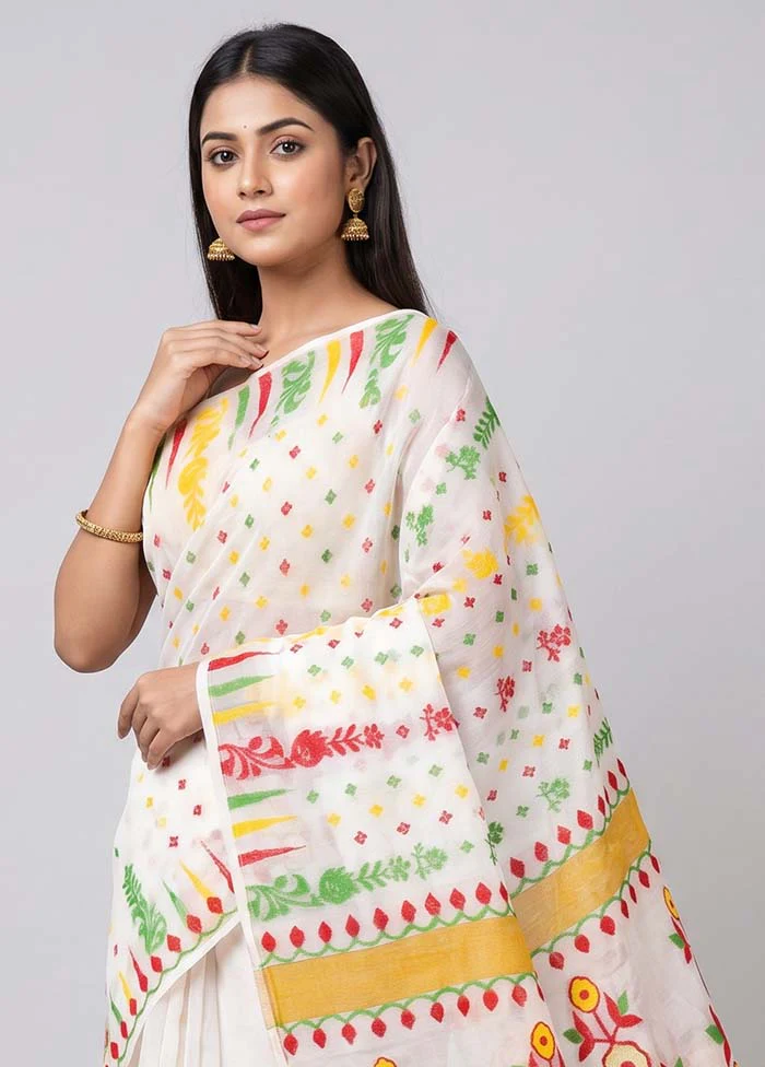 White Jamdani Cotton Saree Without Blouse Piece - Image 2