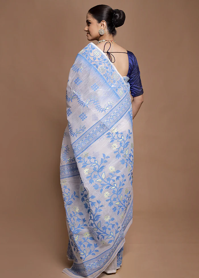 White Tant Jamdani Saree Without Blouse Piece - Image 3