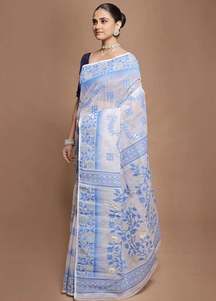 White Tant Jamdani Saree Without Blouse Piece - Image 4