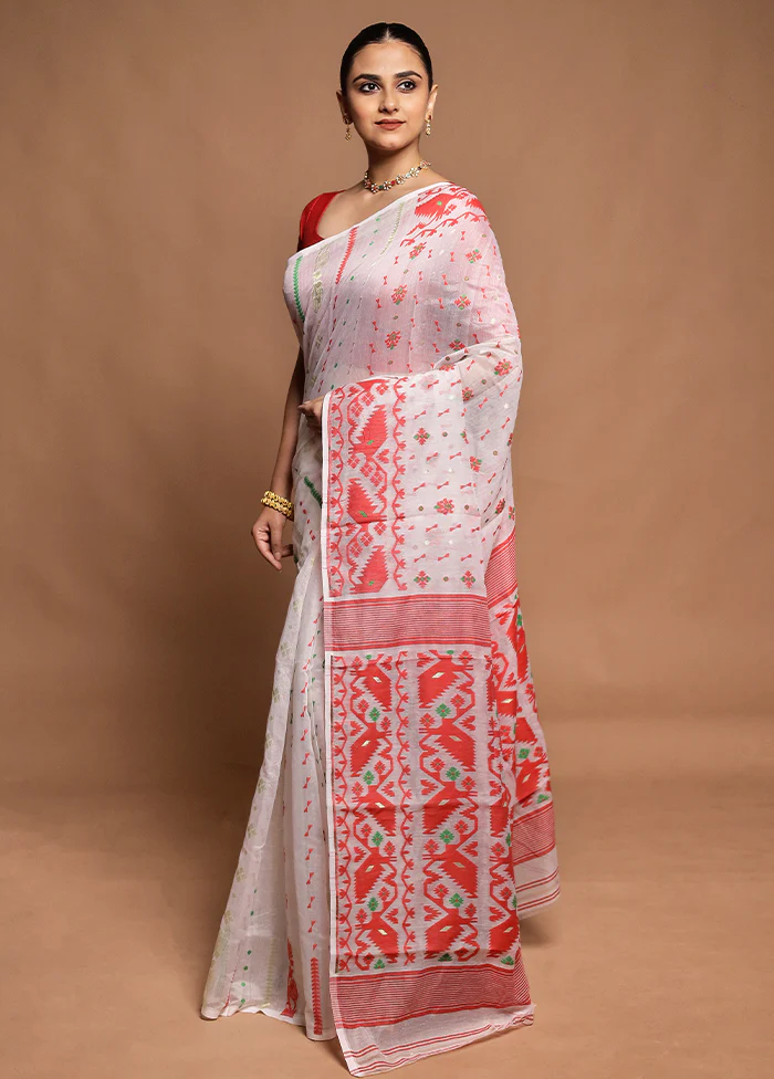 White Tant Jamdani Saree Without Blouse Piece - Image 4