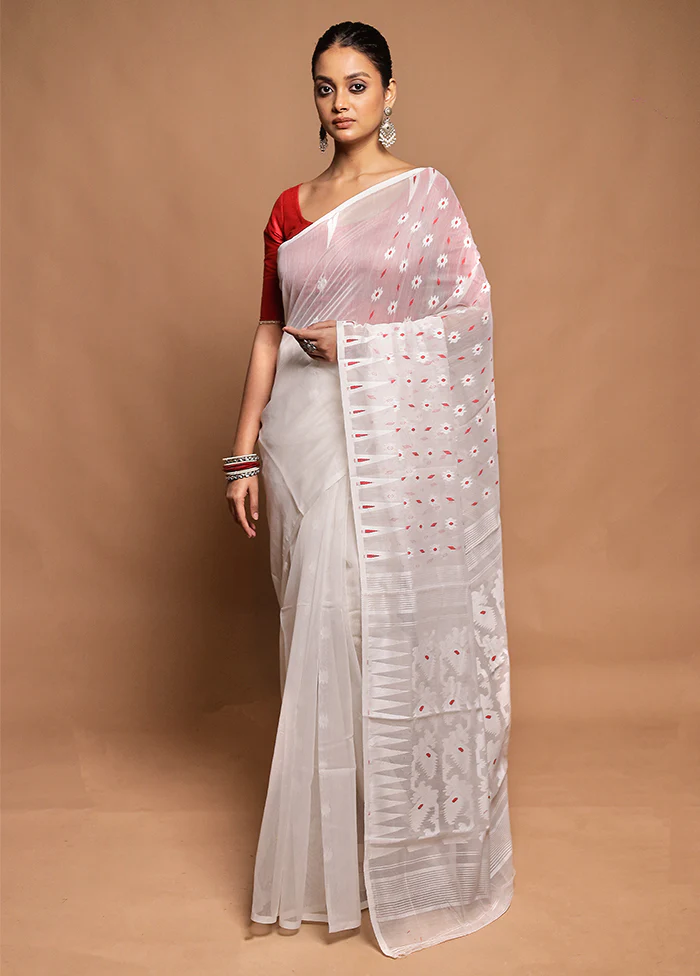 White Tant Jamdani Saree Without Blouse Piece
