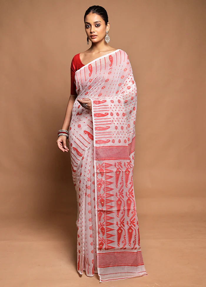 White Tant Jamdani Saree Without Blouse Piece