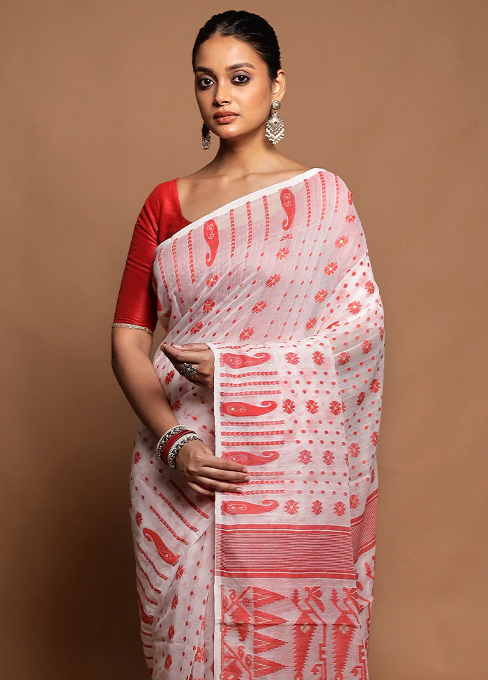 White Tant Jamdani Saree Without Blouse Piece - Image 2