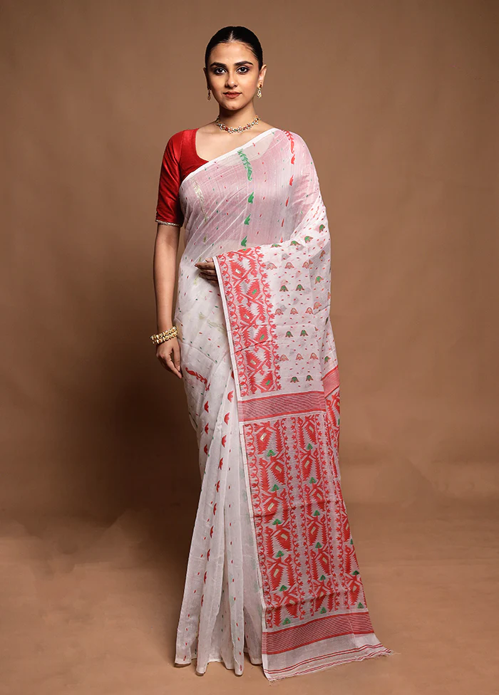 White Tant Jamdani Saree Without Blouse Piece