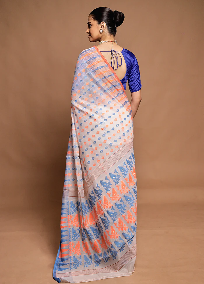 White Tant Jamdani Saree Without Blouse Piece - Image 3