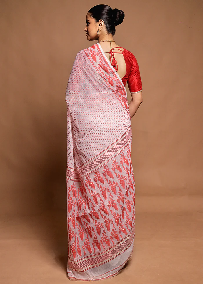 White Tant Jamdani Saree Without Blouse Piece - Image 3