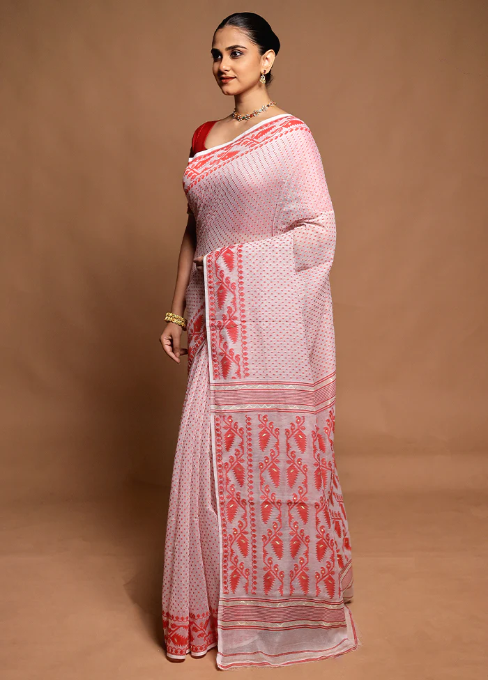 White Tant Jamdani Saree Without Blouse Piece - Image 4