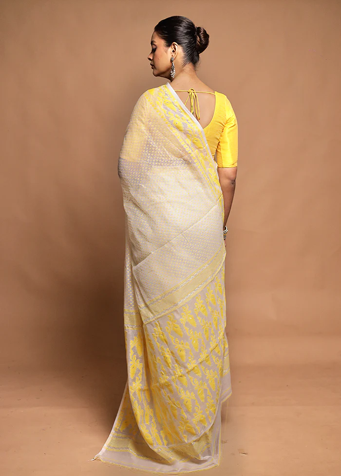 White Tant Jamdani Saree Without Blouse Piece - Image 3