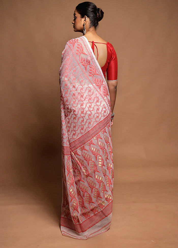 White Tant Jamdani Saree Without Blouse Piece - Image 3
