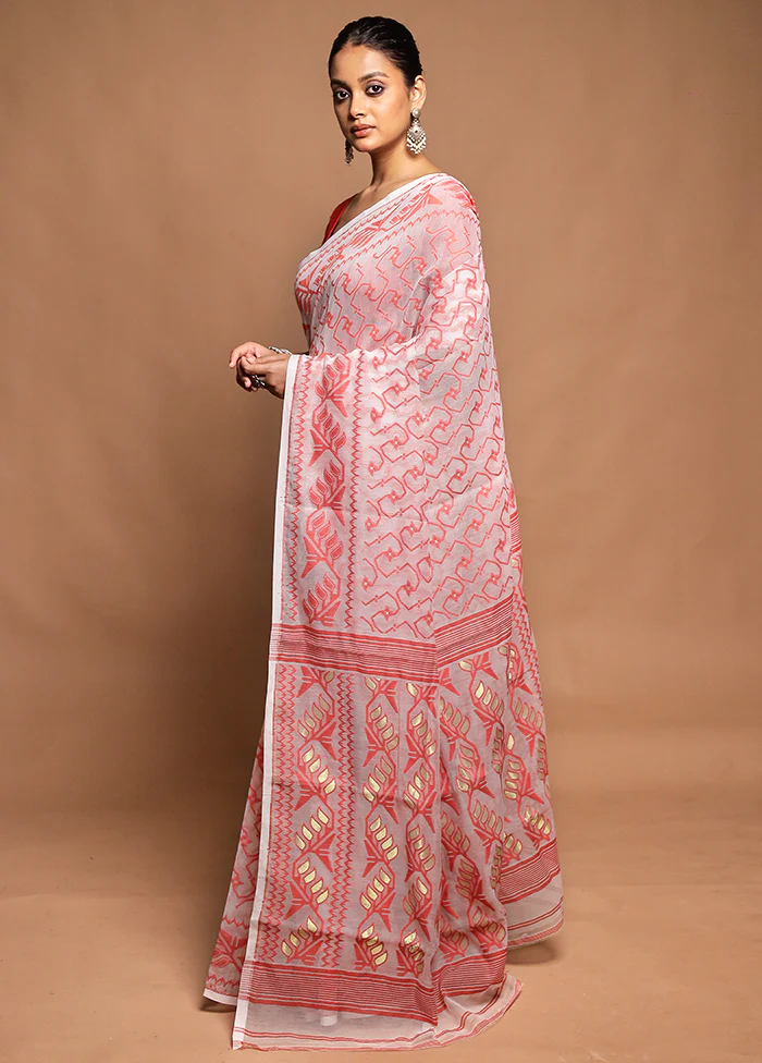 White Tant Jamdani Saree Without Blouse Piece - Image 4