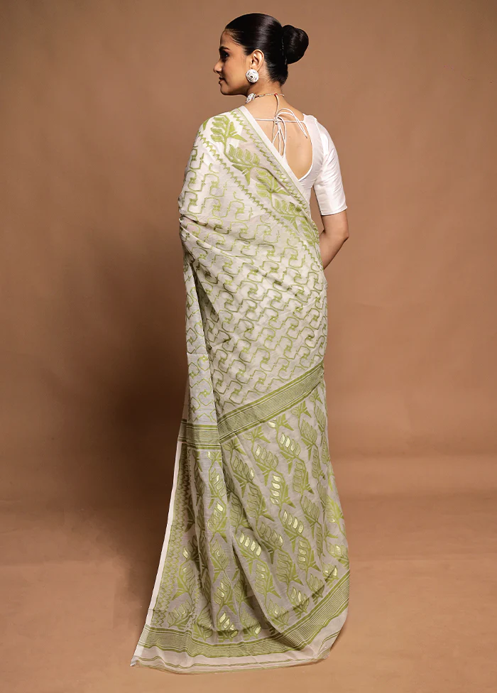 White Tant Jamdani Saree Without Blouse Piece - Image 3