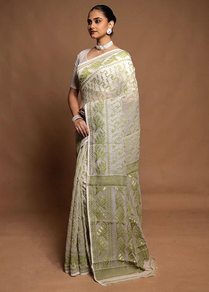 White Tant Jamdani Saree Without Blouse Piece - Image 4
