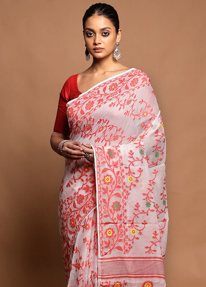 White Tant Jamdani Saree Without Blouse Piece - Image 2