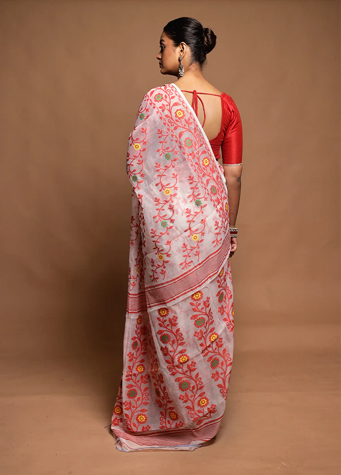 White Tant Jamdani Saree Without Blouse Piece - Image 3