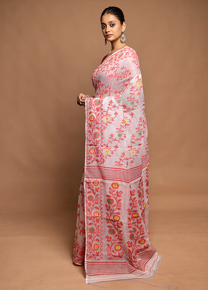 White Tant Jamdani Saree Without Blouse Piece - Image 4