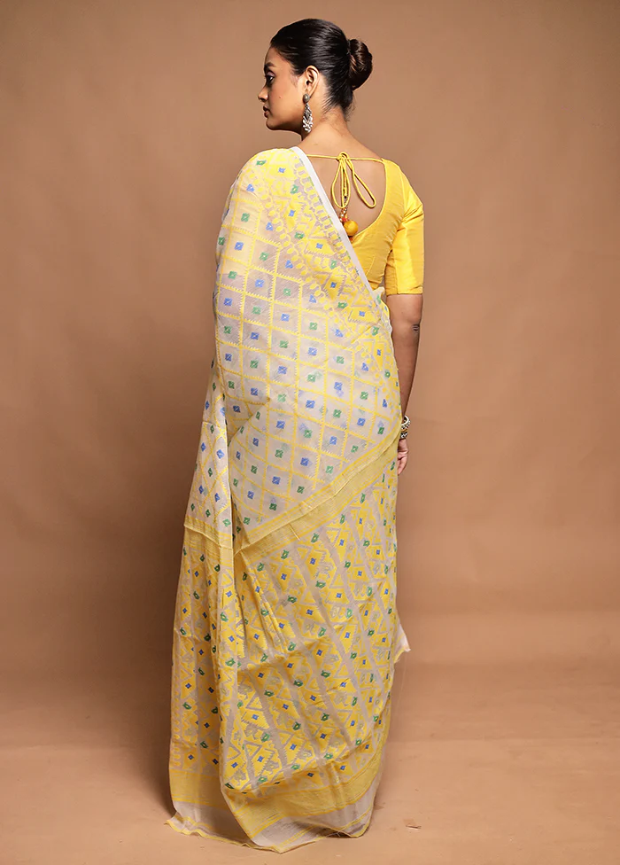 White Tant Jamdani Saree Without Blouse Piece - Image 3