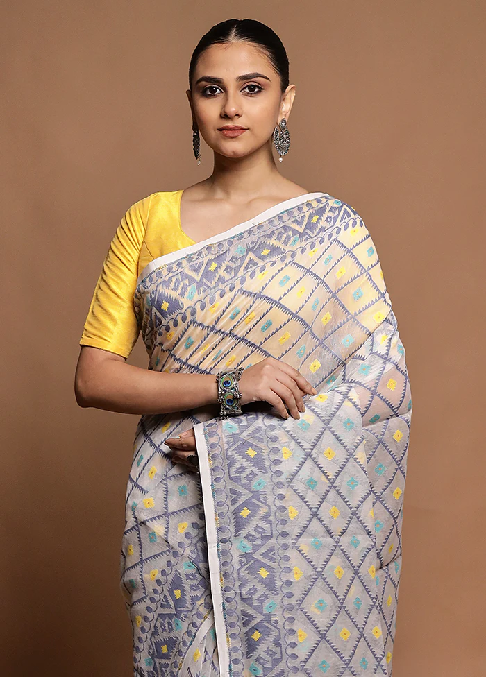 White Tant Jamdani Saree Without Blouse Piece - Image 2