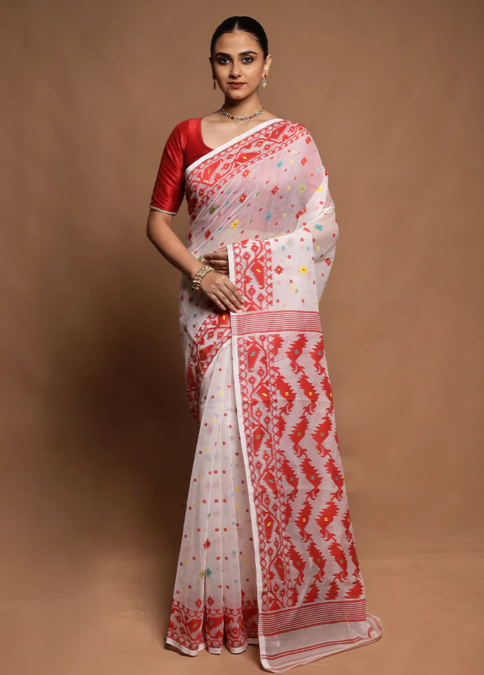 White Tant Jamdani Saree Without Blouse Piece