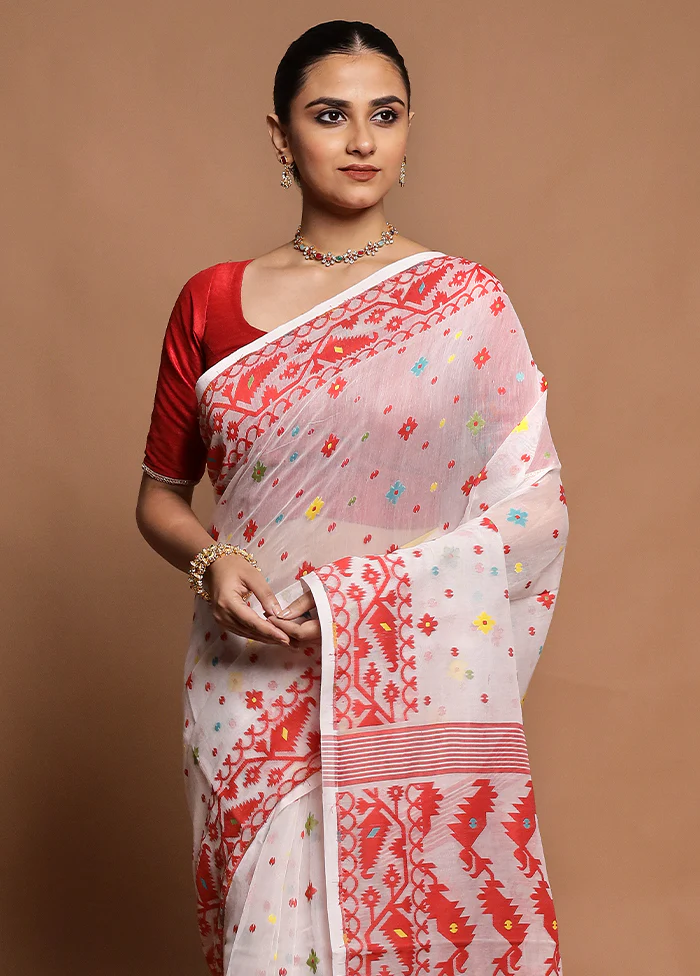 White Tant Jamdani Saree Without Blouse Piece - Image 2