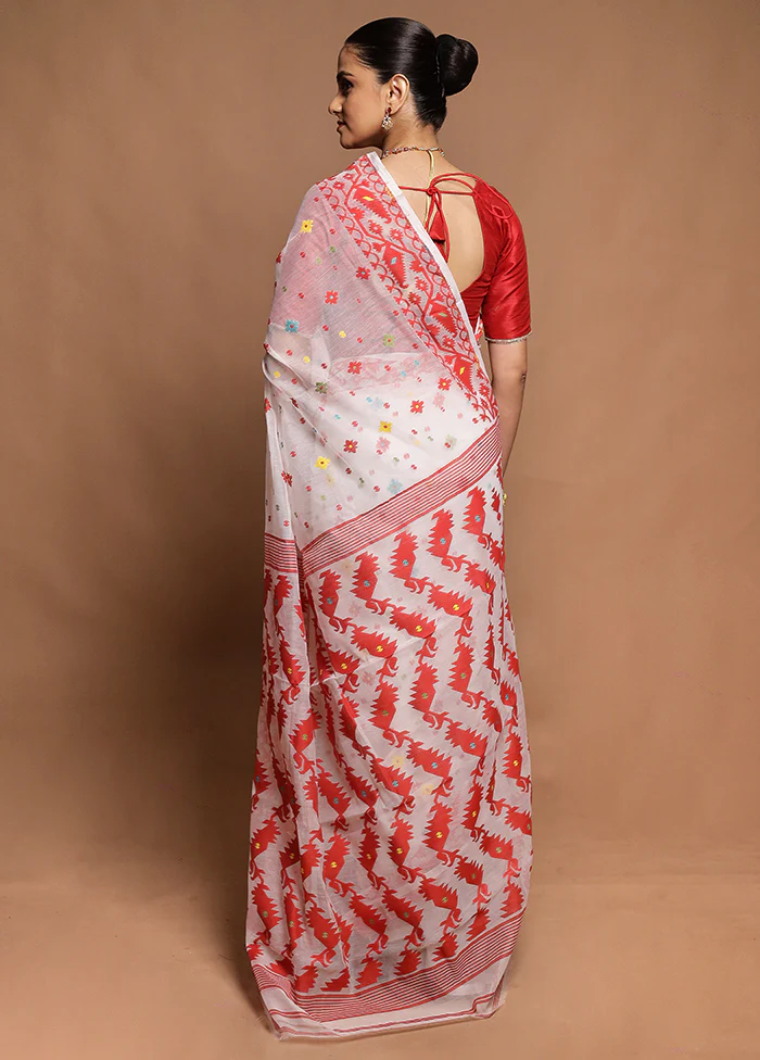 White Tant Jamdani Saree Without Blouse Piece - Image 3