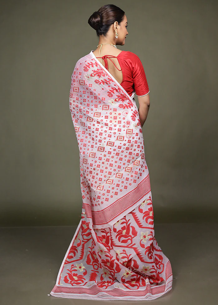 White Tant Jamdani Saree Without Blouse Piece - Image 3