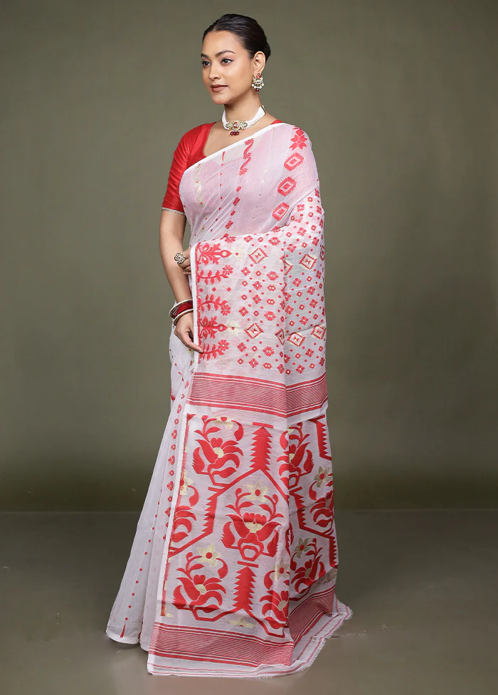 White Tant Jamdani Saree Without Blouse Piece - Image 4