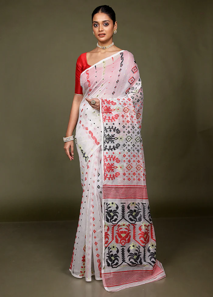 White Tant Jamdani Saree Without Blouse Piece - Image 2
